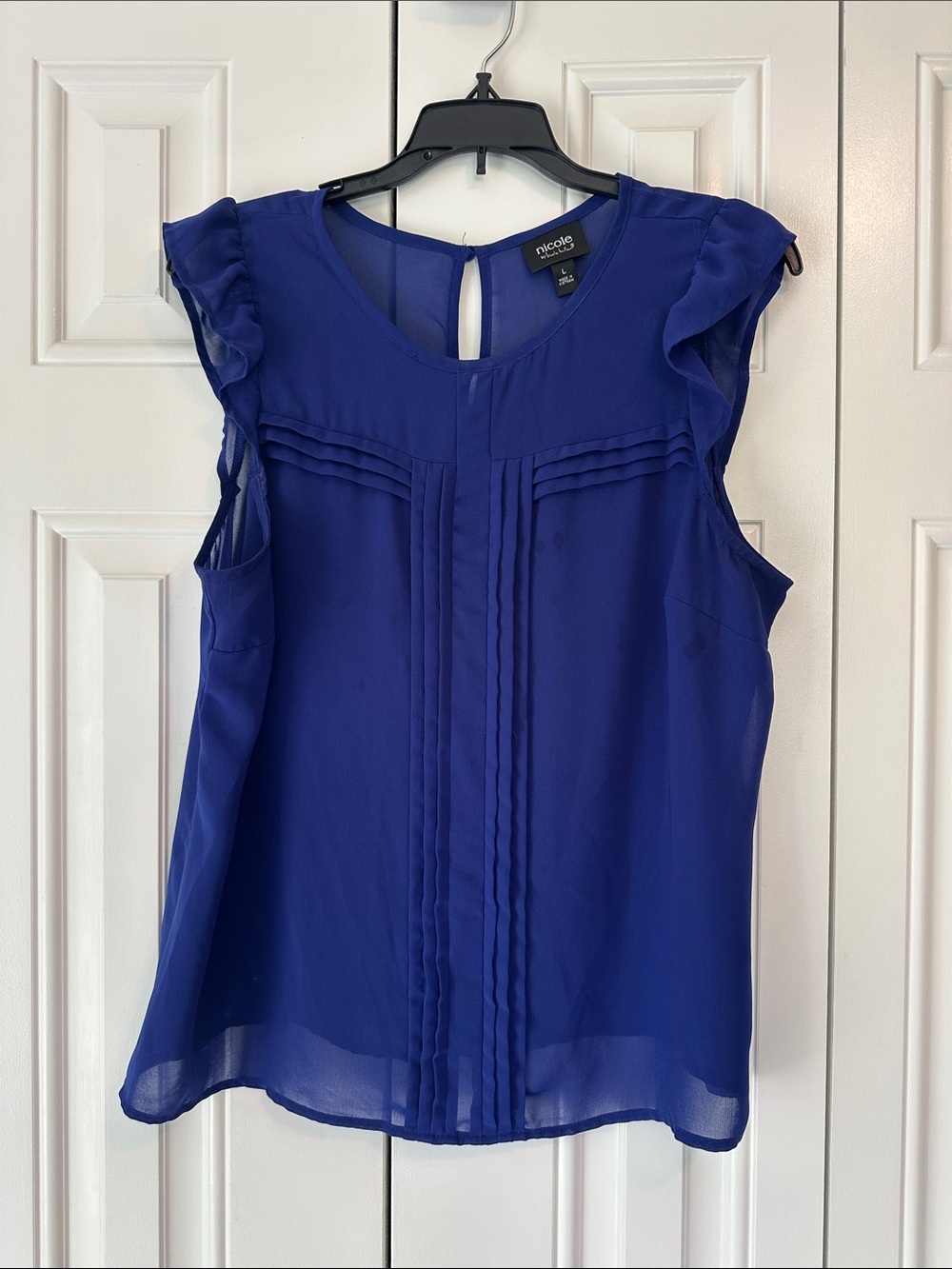 Nicole Miller cobalt blue ruffle sleeve pintuck cami top